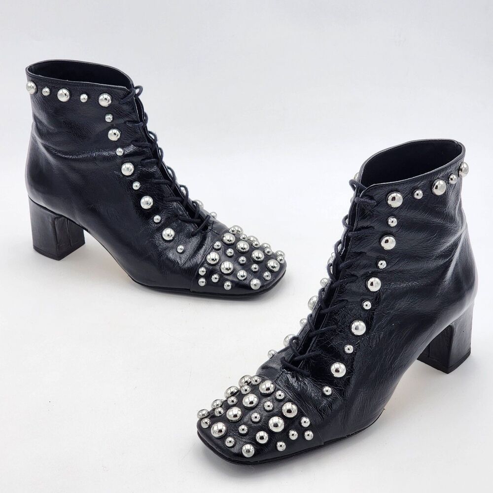 Zara Patent Studded Lace Up Heeled Ankle Boots Booties Black Silver Size 39